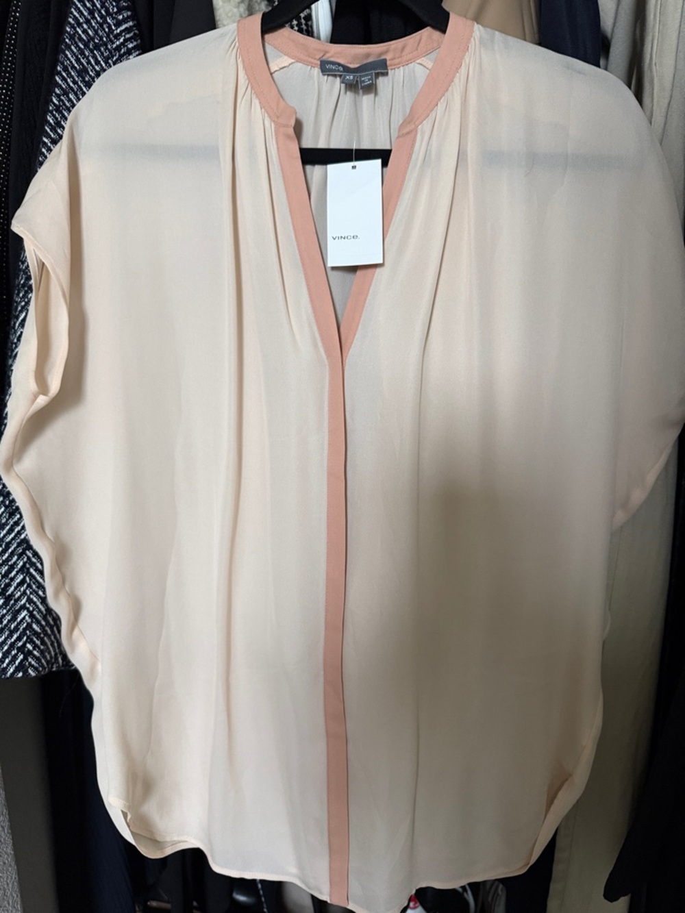 Vince Silk Cream Blouse with Pink Trim
